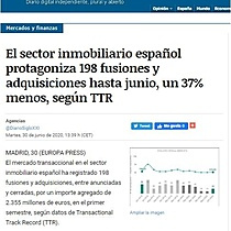 El sector inmobiliario espaol protagoniza 198 fusiones y adquisiciones hasta junio, un 37% menos, segn TTR